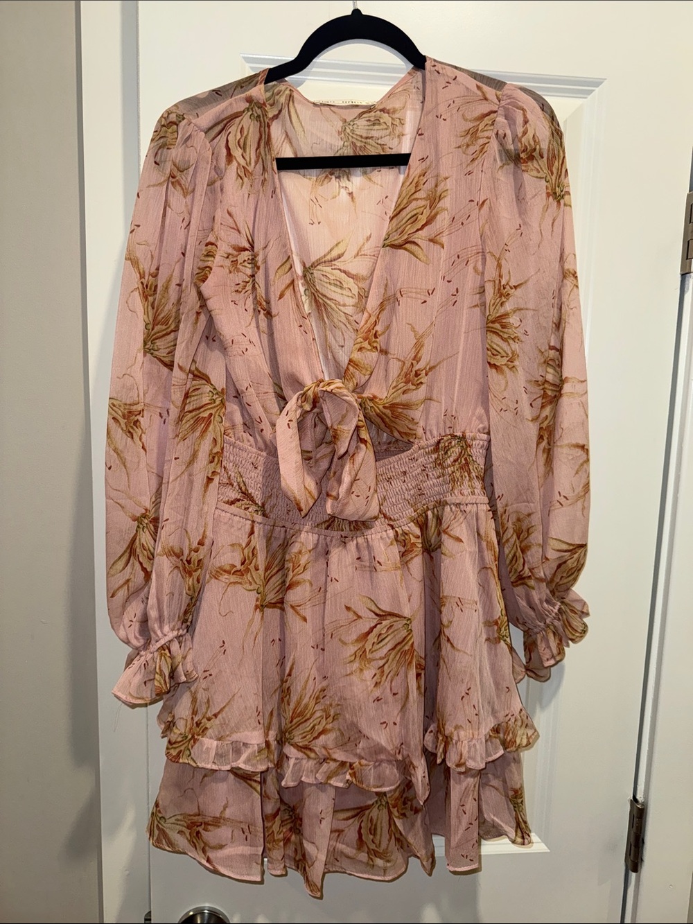 Blush Floral Tie-Front Long Sleeve Tiered Mini Dress